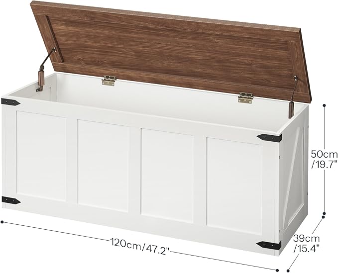 HOOBRO Storage Bench, 47.2”Toy Box Organizer with Safety Hinges, Farmhouse Wooden Storage Chest, for Hallway, Bedroom, Living Room, White and Walnut WH520CW01