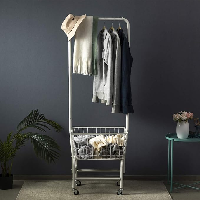 ALIMORDEN Laundry Cart with Clothes Rack, Rolling Laundry Butler with Wire Storage Rack，White