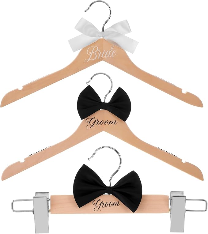 3 Pcs Bride and Groom Hangers for Dress Suit with Clips Wedding Wooden Hanger with Bow Tie for Mr and Mrs Shirt Tuxedo Suit Bridal Wedding Gift Bridesmaid Party Shower(Wood Color)