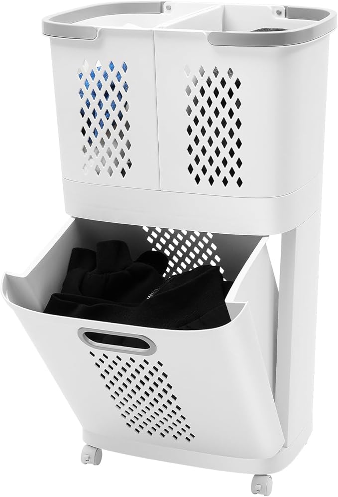 2-Layer Laundry Basket, Washing Storage Clothes Hamper w/Wheels, Vertical Rolling Laundry Cart, Bathroom Clothes Storage Basket Cart for Laundry, Towels, Blankets