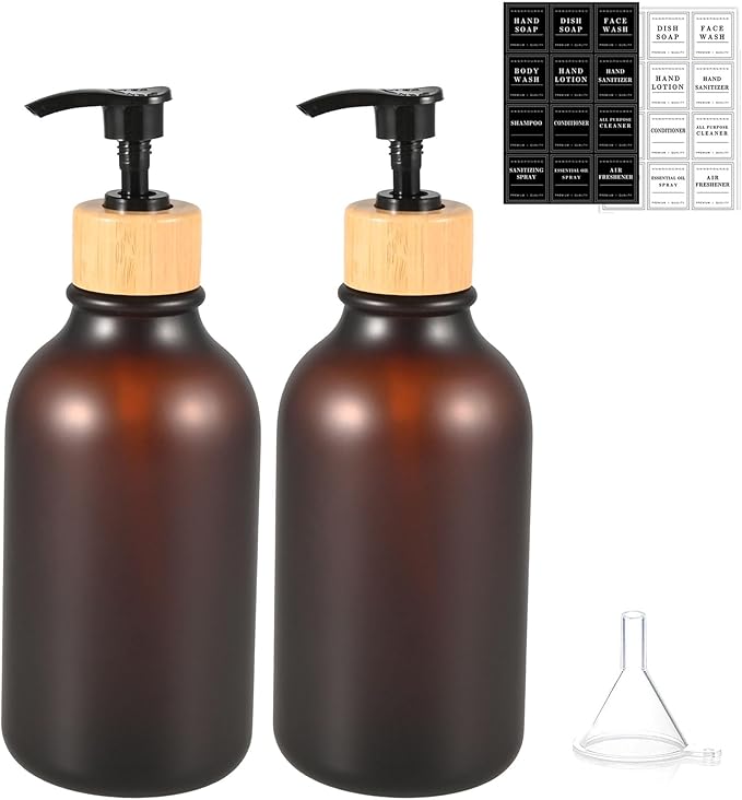 Soap Dispenser Bottle 16.9Oz, Bamboo Lid Soap Bottle with Anti-Rust Pump, Hand Soap Dispensers Dish Soap Dispenser for Kitchen, Shampoo Lotion for Bathroom (2Pack-Brown)