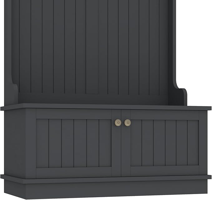 35.5 inch Hall Tree with Bench and Shoe Storage Shelf, Wood Hall Tree with 4 Hooks/Mudroom Bench with Storage and Hooks, Hall Trees for Entryway, Hallway, Living Room(Black 35.5")