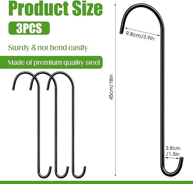 3 Pack 18 Inch S Hooks for Hanging Plants, Heavy Duty Metal Extension Hangers for Bird Feeders Wind Chimes Flower Baskets Black Vinyl Coated Rustproof Garden Hooks