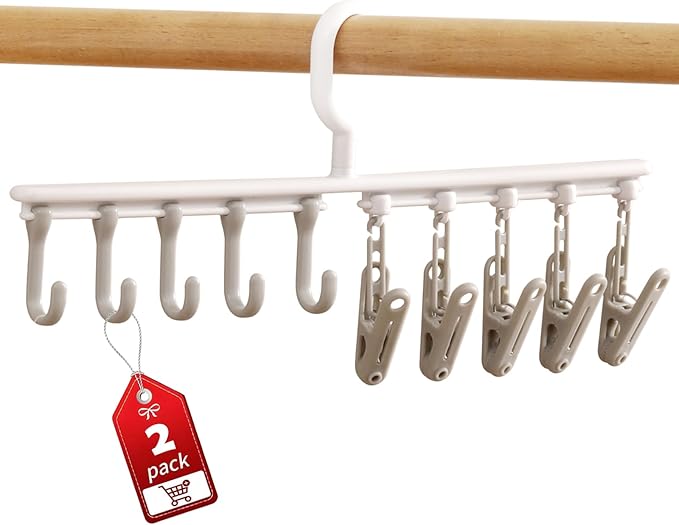 Clothes Hanger with 5 Clips and 5 Hooks Laundry Drying Rack 2 Pack, Clothes Drying Rack Leggings Hangers for Closet Windproof Clip for Drying Socks, Bras, Towel, Hats, Underwear, Baby Clothes