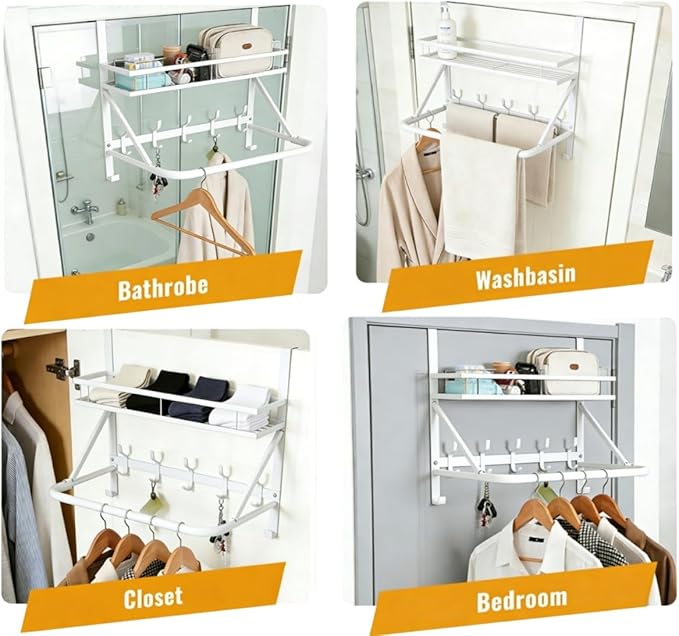 Over The Door Clothes Hanger, Metal Over The Door Hangers for Clothes with 7 Hooks1 Storage Basket For Clothing Hanger Drying Racks for Laundry, Bedroom, Washroom wait（white）