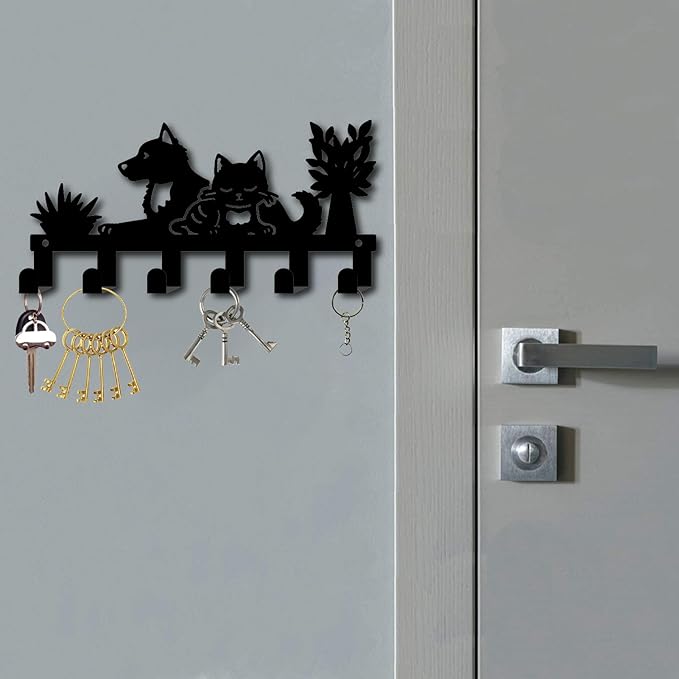 CREATCABIN Pet Key Holder for Wall Mounted Key Rack Dog Cat Potted Plant Design Decorative with 6 Hooks Iron Coat Clothes Hanger Organizer for Wall Bag Towel Dog Leash Entryway Door 10.6 x 5.1 Inch
