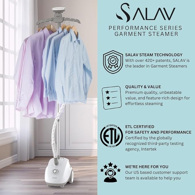 SALAV® Standing Steamer for Clothes, 1500W Powerful Garment Steamer with Roll Wheels, 4 Steam Settings, High Efficiency Stainless Steel Plate, with Limescale Remover Descaler Packets