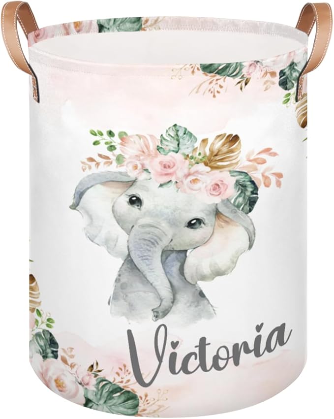 Personalized Laundry Basket, Custom Gift Laundry Hamper, Collapsible Nursery Waterproof Laundry Baskets, Dirty Clothes Toy Hamper with Handles Tropical Elephant Pink