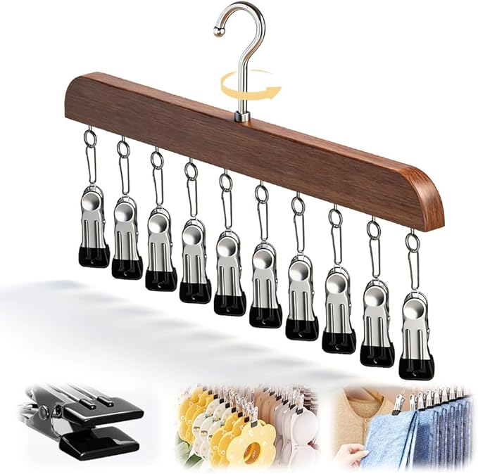 Legging Hangers for Closet, 2026 New Closet Organizer with Clips, 360° Rotating Space Saving Hanging Closet Organizer for Leggings Socks Hats Jeans (Brown-10 Clips, 1PC)