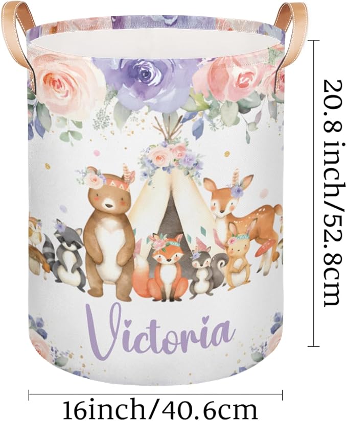 Personalized Laundry Basket, Custom Gift Laundry Hamper, Collapsible Nursery Waterproof Laundry Baskets, Dirty Clothes Toy Hamper with Handles Woodland Animals Blush
