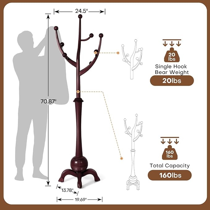 Wooden Coat Rack Freestanding with 8 Hooks, Heavy Duty Coat Hanger Stand with Stable Base, Vintage Coat Tree Standing Coat Racks for Entryway, Hallway, Bedroom (Wine Red)