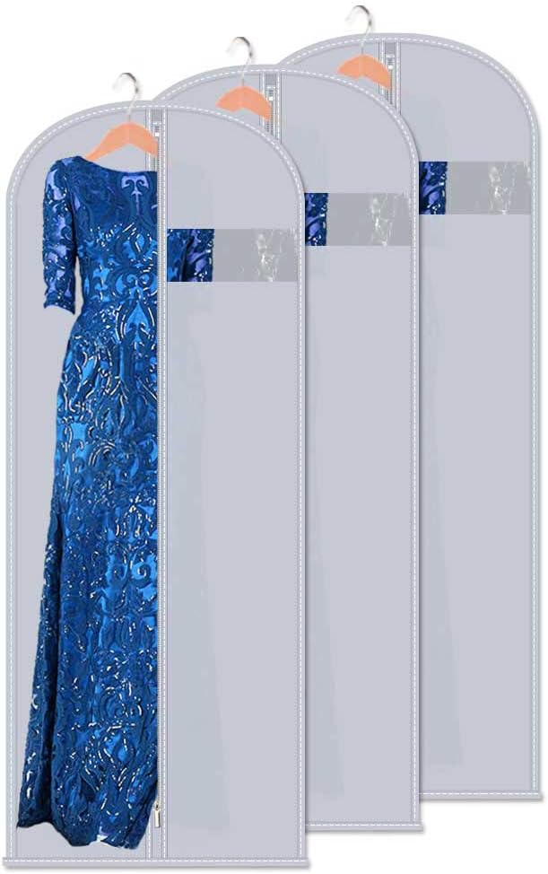 60-Inch Extra Long Garment Bags (3-Pack) - Heavy-Duty PEVA Suit & Dress Covers with Metal Zipper, Clear Window, Foldable for Closet & Travel Storage