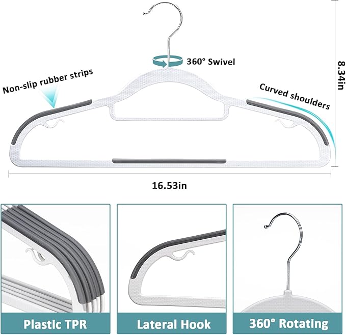 50-Pack Plastic Coat Hangers, Non-Slip, Space-Saving, 0.2 Inches Slim, 360° Swivel Hook, Sturdy Clothes Hangers for Suit, White and Dark Gray