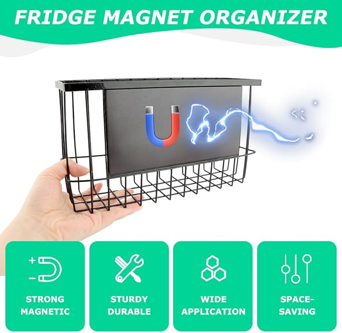 Magnetic Basket Fridge Dryer Ball Holder for Laundry Room Organization and Storage, Magnetic Basket Organizer Shelf Rack, Kitchen Moveable Storage Holder for Kitchen, Office and School