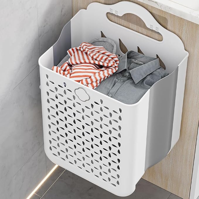 Collapsible Laundry Hamper, Household Foldable Dirty Wall Hanging Multi-functional Hollow Storage Basket Large Capacity Storage Bucket, Plastic Collapsible Hanging Laundry Baskets with Carry Handle