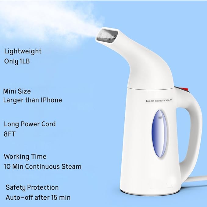 Steamer for Clothes, Handheld Garment Steamer, Portable Clothes Steamer Remove Wrinkle, Ideal for ALL Fabrics, 12 minutes Continuous Steam, One button Design, Easy to Use, mini (White)