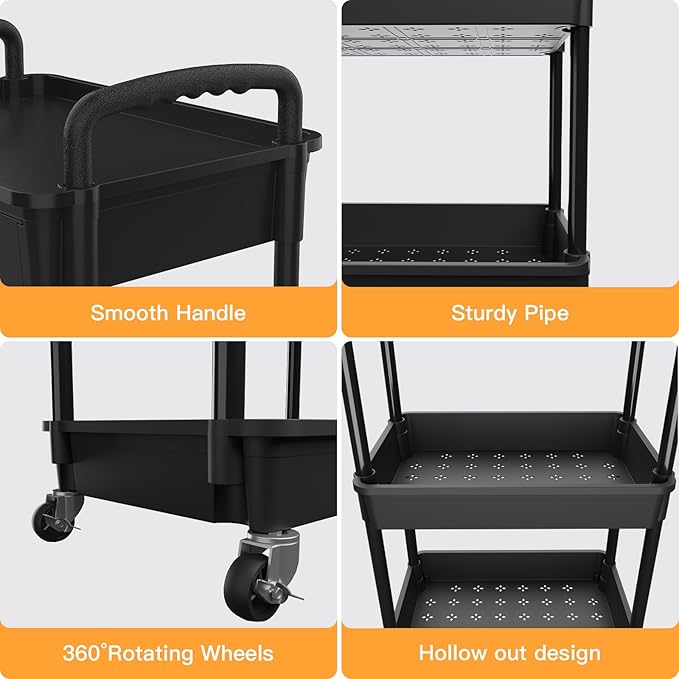 5 Tier Rolling Utility Cart with Drawer,REBECAT Utility Cart Made of Multifunctional Storage Organizer Tool for Kitchen,Bathroom,Living Room,Office(Black)
