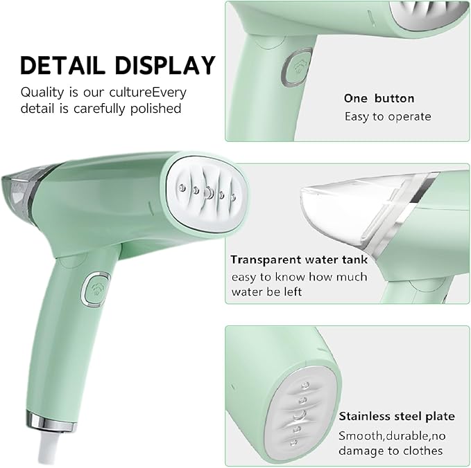 Steamer for Clothes, Foldable Handheld Steamer, 1000W Fabric Wrinkle Remover with Brush & Measure Cup& travel bag Lightweight Fabric Steam Iron for Home and Travel (Green)