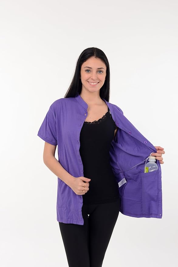 USBD Post Mastectomy Shirt with Drain Pockets Band Collar Post Op Recovery Tops