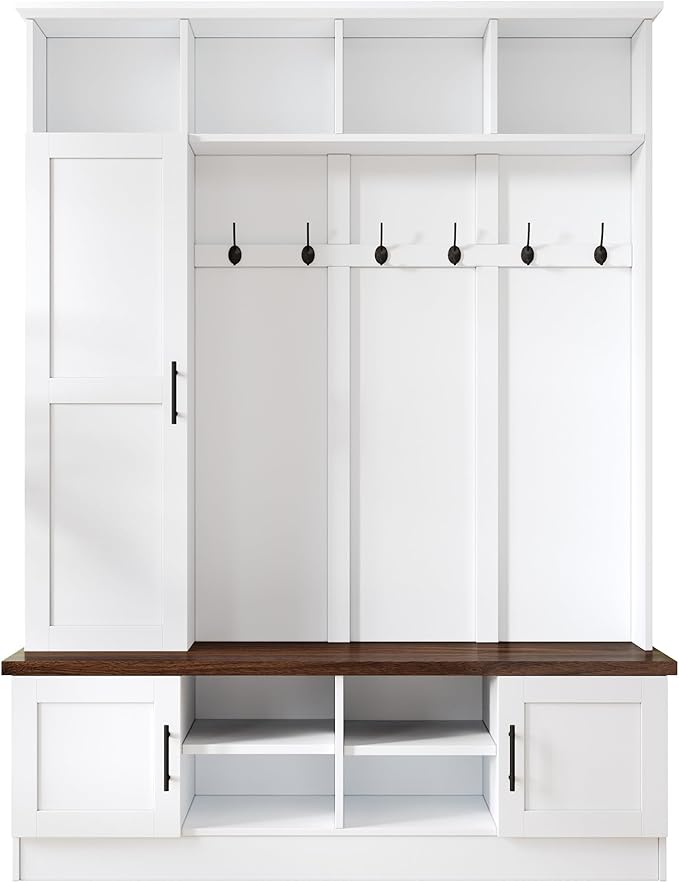 Versatile 3-in-1 Hall Tree, 55" W Modern Entryway Coat Rack with Multiple Storage Space, 6 Hooks, Farmhouse Walnut Storage Bench with Adjustable Shelves for Mudroom, Living Room