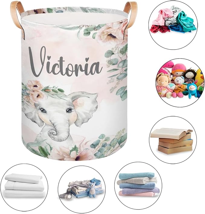 Personalized Laundry Basket, Custom Gift Laundry Hamper, Collapsible Nursery Waterproof Laundry Baskets, Dirty Clothes Toy Hamper with Handles Blush Floral Elephant