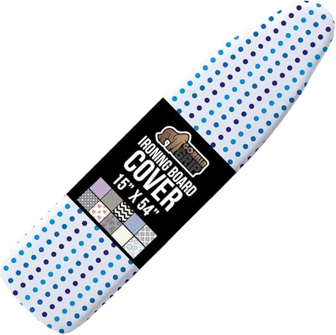 GORILLA GRIP The Original Ironing Board Cover and Pad, Silicone Coating, Thick Scorch Resistant Padding, Heavy Duty Iron Covers Standard Boards, Hook and Loop Fastener Strap, Blue Dots, 15x54