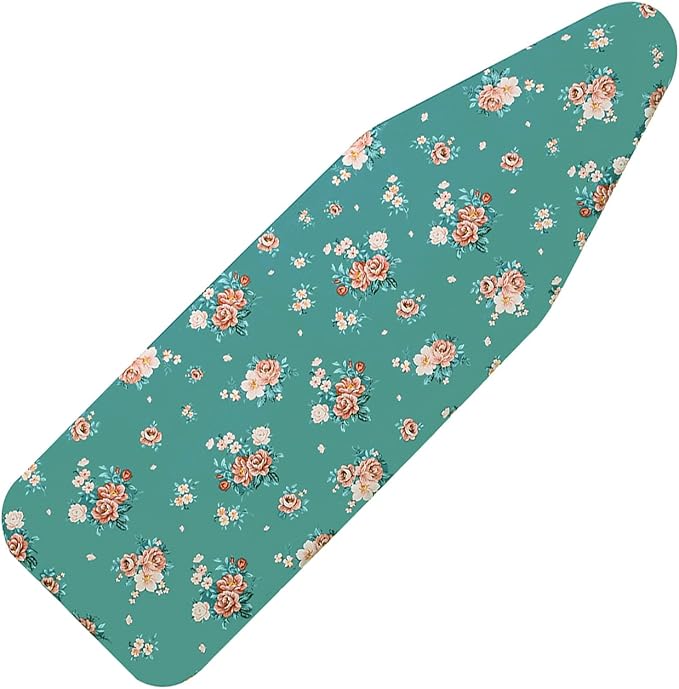 Ironing Board Cover and Pad Standard Size 15" x 54",3 Pairs of Hook and Loop Fastener Straps,Elastic Edges,Cotton Iron Board Cover with Scorch Resistant Thick Padding (Green+Flowers)