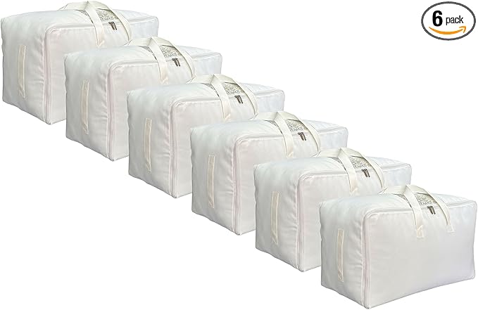 Soft Large Canvas Comforter Storage Bags with Four Carrying Handles and Clear Window, Closet Organizer for Clothing, Blankets Sheets Pillows and Bedding, 80L, 6 Pack, White