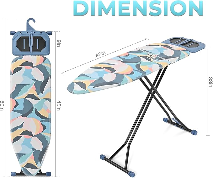 KINGBOARD Ironing Board, Metal Panel Foldable Iron Board with Rest, 7 Height Adjustable, Portable Ironing Board, Heavy Duty Folding Iron Stand with Hanger, 45 x 15, Deep Blue