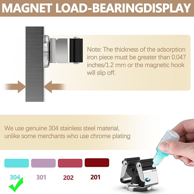 3-H Magnetic Broom Holder 4 Piece, 304 Stainless Steel Broom Holder Wall Mount, No Drilling Magnetic Tool Holder with 2 Mini Magnetic Hooks for Garage Garden Laundry Kitchen, Silver