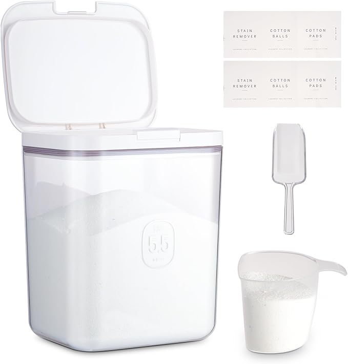 Large Capacity Laundry Powder Container With Pop-Up Lid, 5.5L Detergent Holder for Laundry Pods and Airtight Dishwasher Pod, Storage Container for Dry Food, Rice Flour with Scoop and Measuring Cup