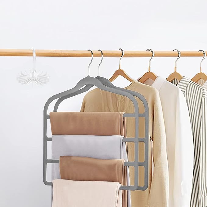 Tinfol Gray Velvet Pants Hangers Space Saving, 4pc Non-Silp Pant Hanger, Jeans Slack Trousers Hangers, Multi Layer Clothes Hanger Closet Organizer Perfect for Pants,Trouser,Jeans