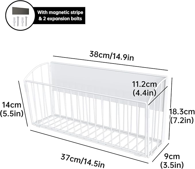 Magnetic Wool Dryer Ball Holder, Magnetic Basket for Laundry Detergent, Magnetic Shelves for Side of Washer Dryer Refrigerator, Laundry Room Organization and Storage (White, L14.96'', W4.41'', H7.2'')