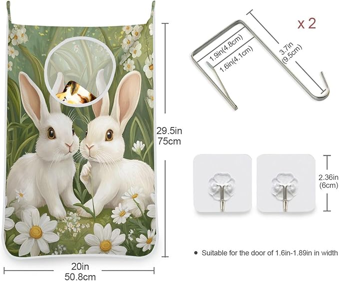 Green Easter Bunny Daisy Door Hanging Laundry Hamper Bag with Free Adjustable Stainless Steel Hooks Dirty Clothes Hamper Extra Large Over the Door Laundry Hamper 29.5X20inch 2Pack
