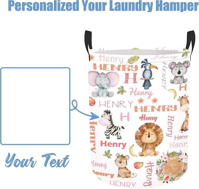 Custom Name Animals Laundry Baskets for Baby Boys Girls, Personalized Toddlers Storage Organizer for Kids Adults, Customize Hampers for Laundry Room Nursery Bathroom Bedroom Utility Room