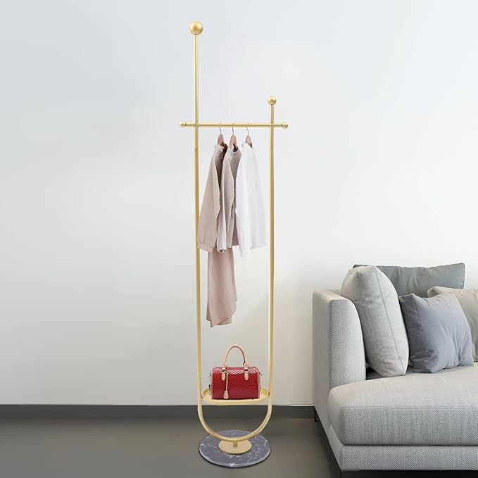 73in-Gold Clothing Garment Rack with Storage Shelf and Hat Hooks, Freestanding Coat Rack Stand Hanging Clothes, Bags, Hat for Entryway Bedroom Organizer Clothing Stores Boutique Retail