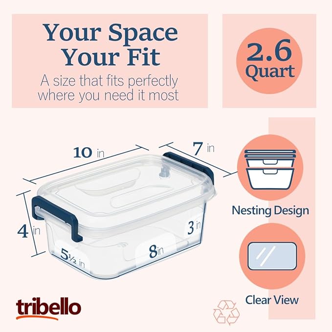 Tribello Small Clear Storage Bins with Lids, 8-Pack Stackable Plastic Storage Containers for Home Organization – Totes for Closet and Underbed Storage, 2.6 Quarts