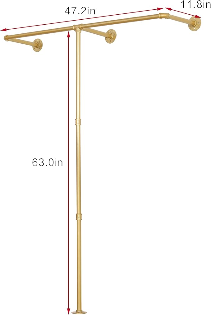 Industrial Pipe Clothes Rack, Heavy Duty Wall Mounted Black Iron Garment Bar,Retail Display Rack Closet Storage Clothes Organizer (47.2, Gold)