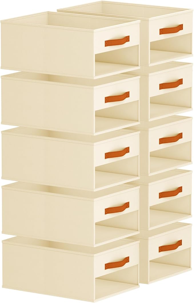 Drawer Organizers and Storage - 10 Pack Foldable Pants Organizer with Clear Window & Handles, Fabric Closet Organizer for Clothes, Jeans, Sweaters, Towels, T-shirt, Scarf (Beige)