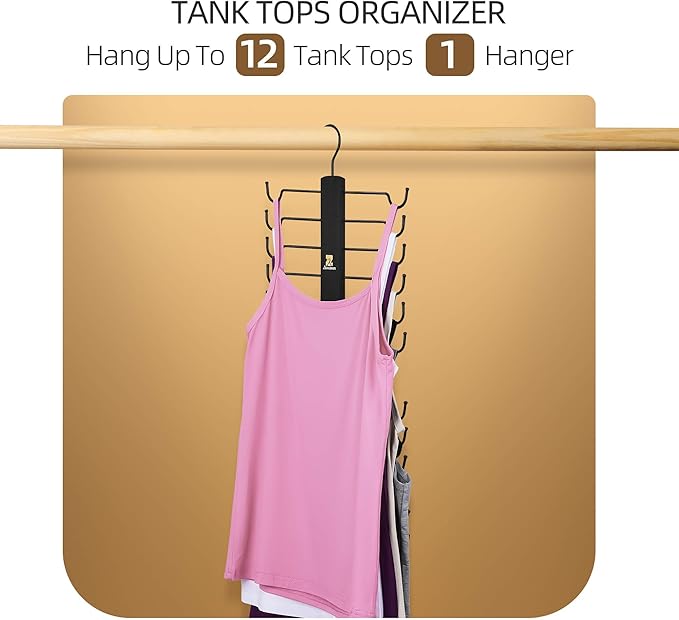 ZEDODIER Tank Top Hanger，2 Pack Wooden Bra Organizer for Closet, 12 Storage Capacity, Top 360° Rotation, Hanging Space Saving Hook for Tank Tops, Sport Bras, Camisoles, Lingeries, Black