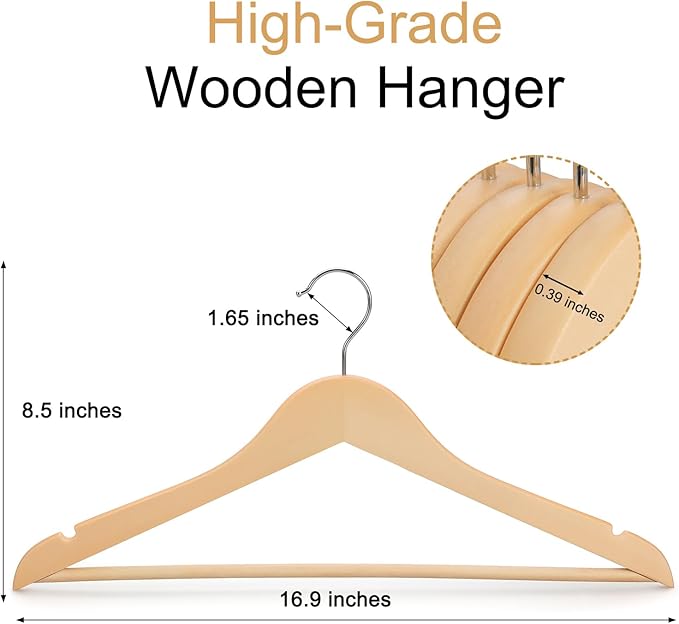 TOPIA HANGER Premium Wooden Hangers 30 Pack, Natural Wood Clothes Hangers, Durable Coat Hanger, 360° Swivel Hook, Non-Slip Shoulder Notches for Strap Dress, Shirt, Pant, Jacket-CT54N30