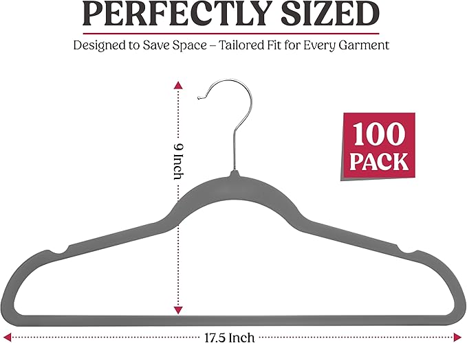 LDC Grey Velvet Hangers 100 Pack - Premium Non-Slip Clothes Coat Pants Felt Hanger for Closet - Heavy Duty Space Saving 360° Swivel Hook Hangars – Grey