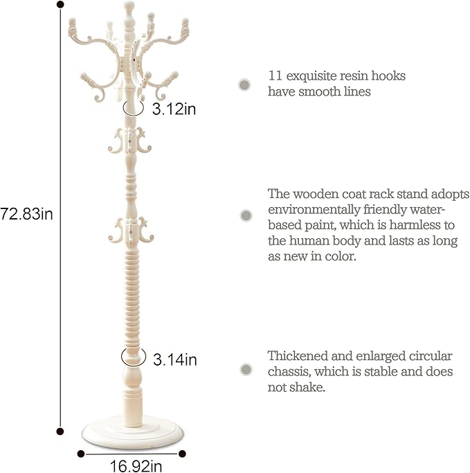 Wooden Coat Rack Free standing 18 Hooks, Vintage Coat Rack Stand for Entryway, Adjustable Height 73", Heavy Duty Coat Tree with Solid Round Base for Home Bedroom, Office (vintage White)