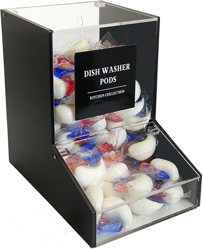 Laundry Pods Container, Acrylic Candy Dispenser with 2 Lid, Dishwasher Pod Holder for Laundry Room, Home, kitchen, Office Used- Stand or Wall Mount,Black