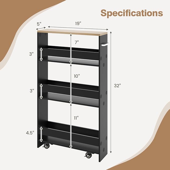 Slim Storage Rolling Cart, 4-Tier Side Out Shelving Unit with Handle, Mobile Organizer Utility Cart on Wheels for Laundry, Bathroom, Office, Kitchen, Narrow Places (Black)