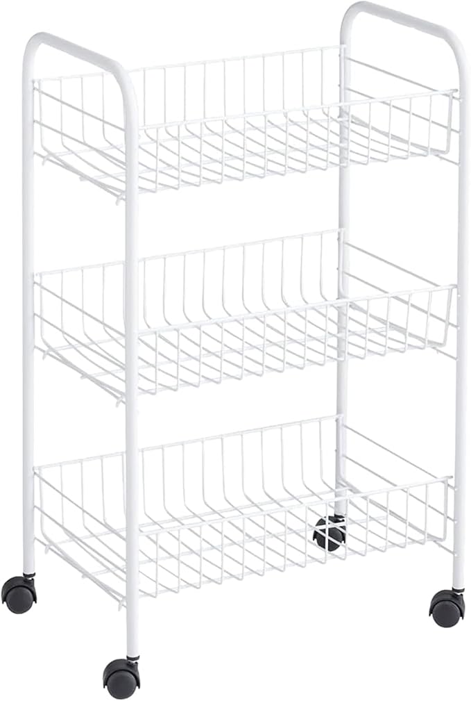 Rubbermaid 3-Tier Shelving Wheeled Organizer, Wire Adjustable Metal Storage Cart, for Office/Kitchen/Bedroom/Laundry Home Use, White
