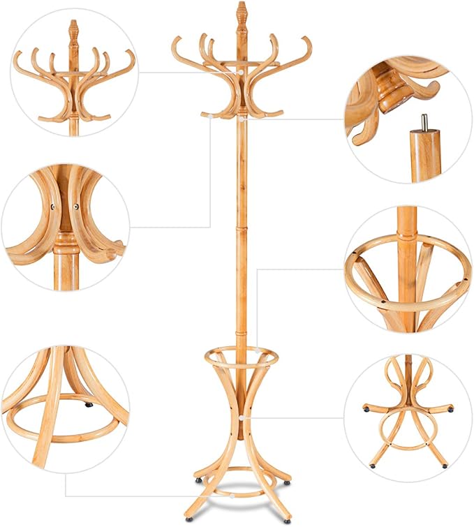 GOFLAME 73" Coat Rack Freestanding, Wooden Coat Tree with 12 Hooks and Umbrella Stand, Entryway Hall Tree, Hat Hanger Organizer, Coat Rack Stand for Coats, Hats, Scarves, Bags, Easy Assembly, Oak