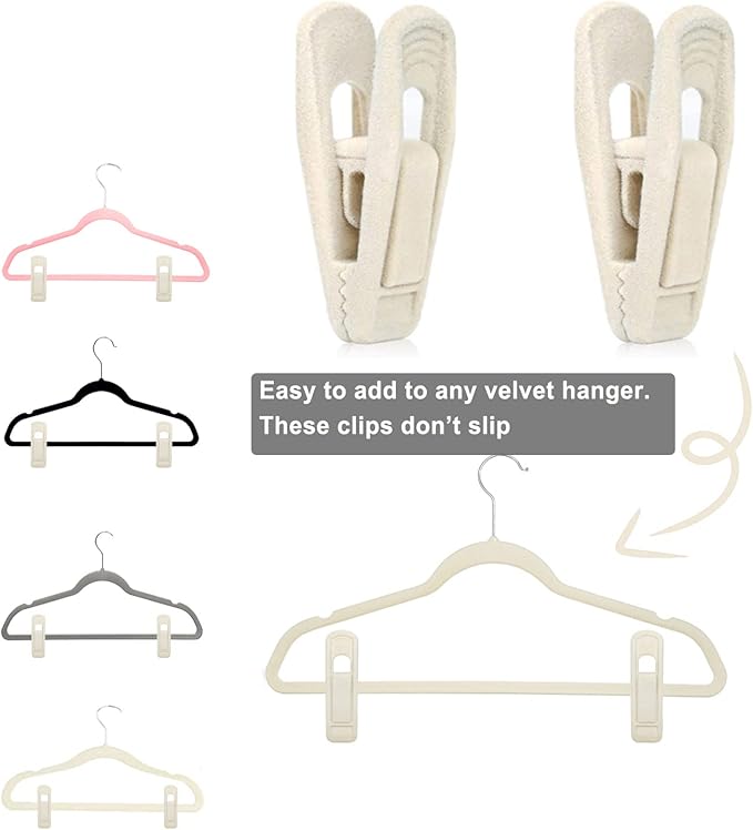 Beige Velvet Hanger Clips 60 PCS, Non-Slip Velvet Clip Work Perfectly for Ivory/Beige Velvet Hangers, Pant Skirt Hanger Velvet Clips Fit for Velvet Clothes Hangers