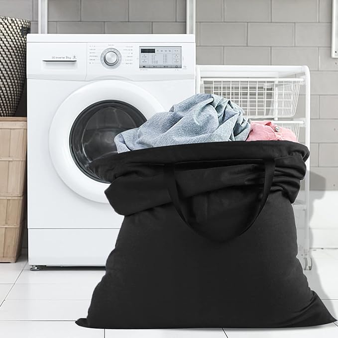 Sanlykate Large Canvas Cotton Laundry Bag with Drawstring & Handles, Heavy Duty Durable Dirty Clothes Organizer, Tear Resistant Hamper Liner Storage Bag, Travel Sack, 25.5 x 34inch - Black