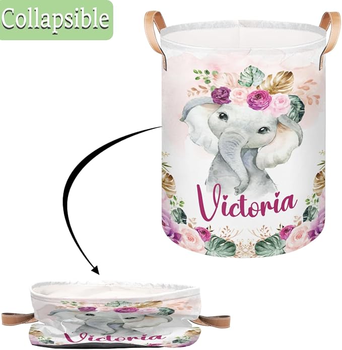 Personalized Laundry Basket, Custom Gift Laundry Hamper, Collapsible Nursery Waterproof Laundry Baskets, Dirty Clothes Toy Hamper with Handles Tropical Elephant